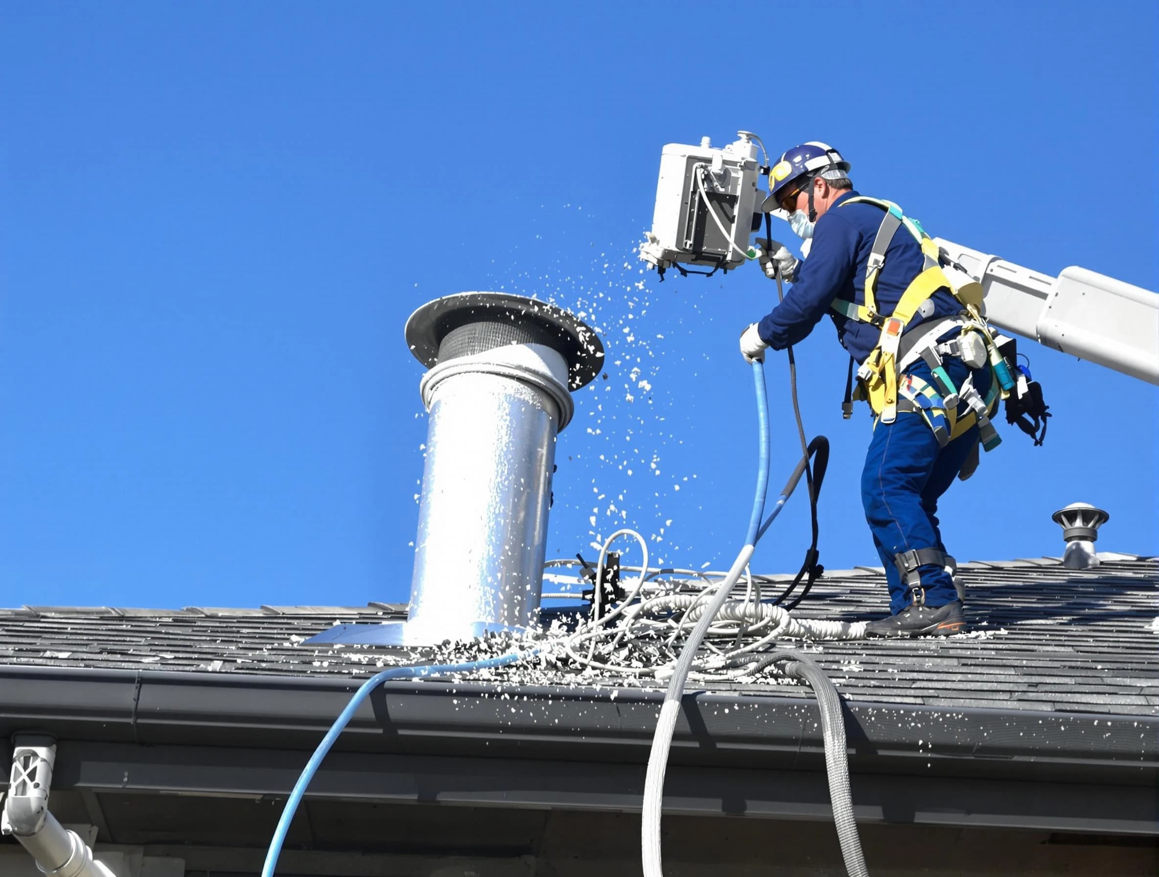 Monroeville Dryer Vent Cleaning certified technician safely cleaning a roof-mounted dryer vent in Monroeville