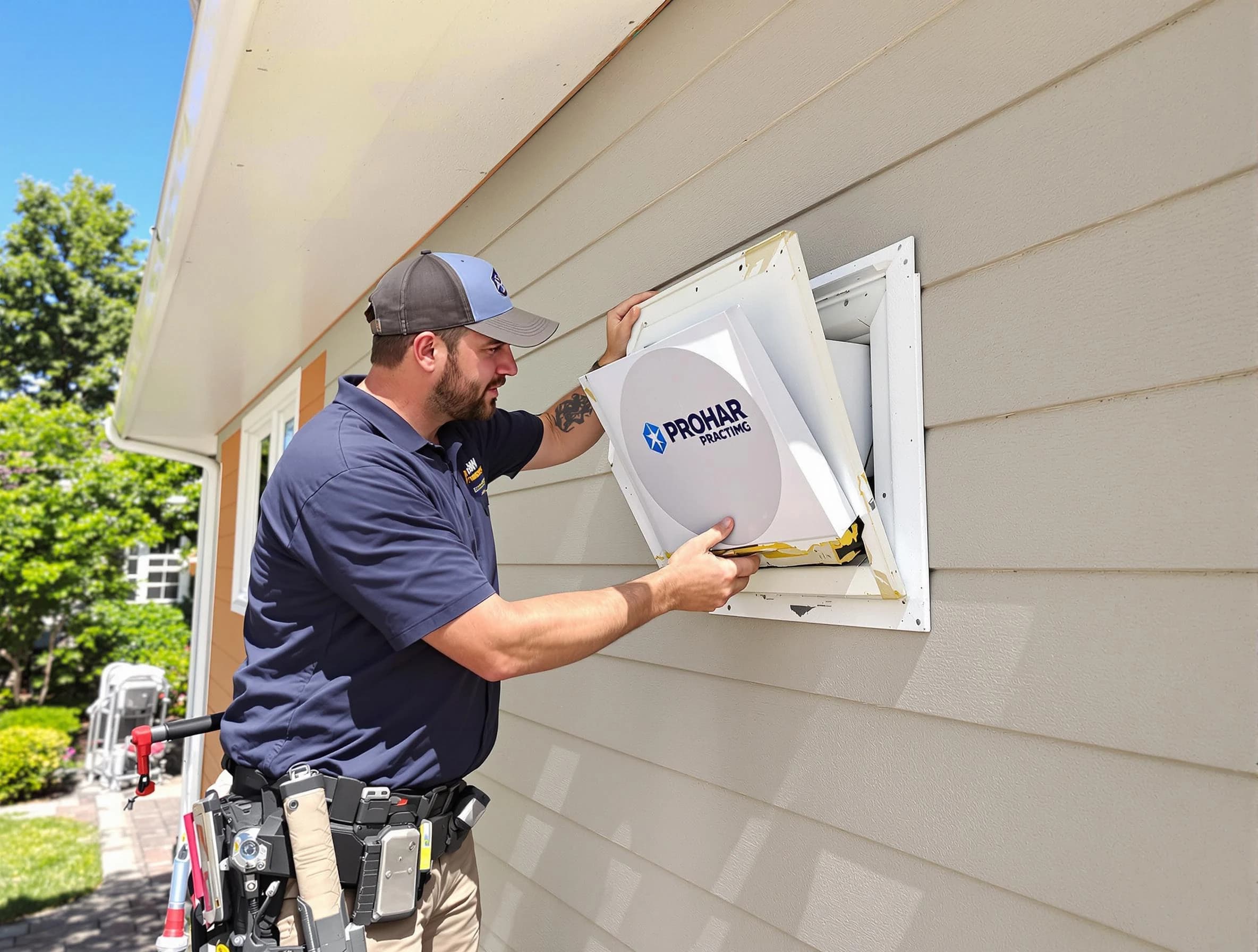 Monroeville Dryer Vent Cleaning technician installing a new protective dryer vent cover on a home in Monroeville