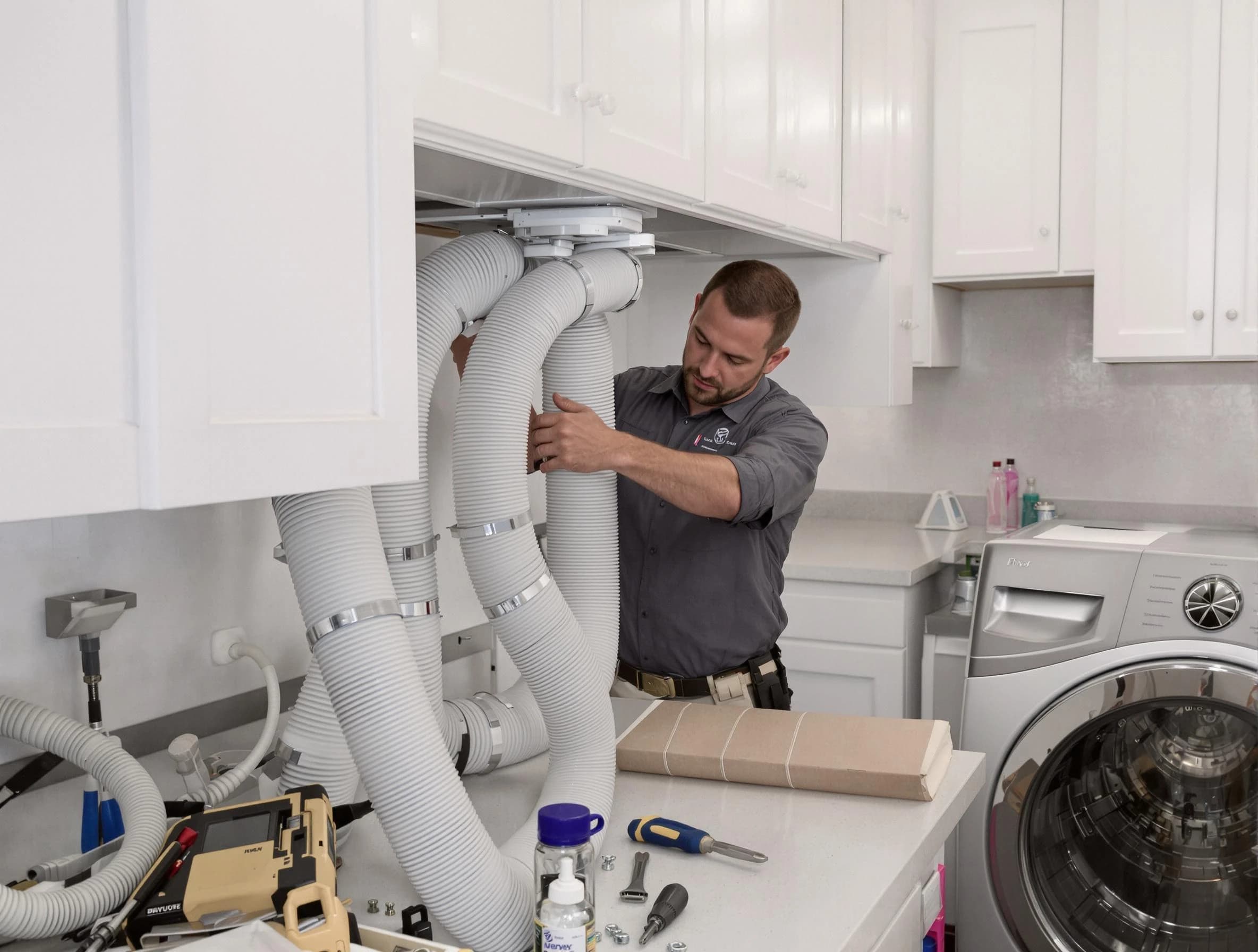 Monroeville Dryer Vent Cleaning technician installing a new professional-grade dryer vent hose in Monroeville
