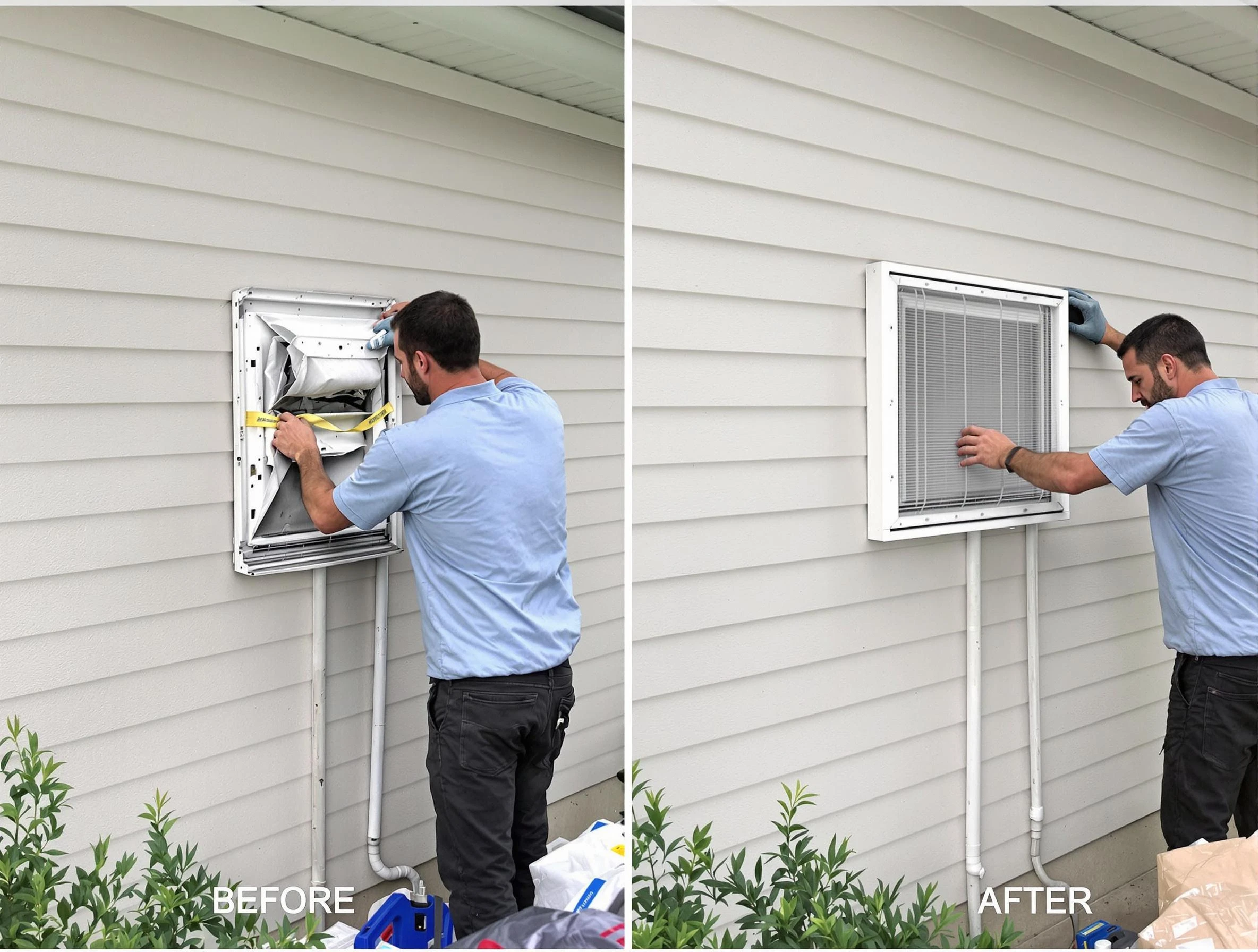 Monroeville Dryer Vent Cleaning technician installing high-quality dryer vent cover at a residential property in Monroeville